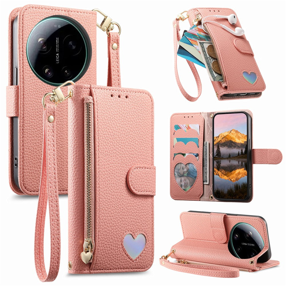 For Xiaomi 17 Ultra 5G Case Zipper Wallet Stand Heart Pattern PU Leather Phone Cover with Wrist Strap