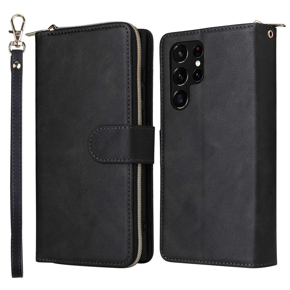 Samsung Galaxy S23 Ultra Handsfree-stativ Plånboksfodral med dragkedja, PU-läder, magnetiskt 9 korthållare, 9 kortplatser