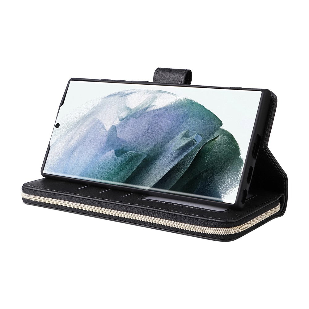 Samsung Galaxy S23 Ultra Handsfree-stativ Plånboksfodral med dragkedja, PU-läder, magnetiskt 9 korthållare, 9 kortplatser