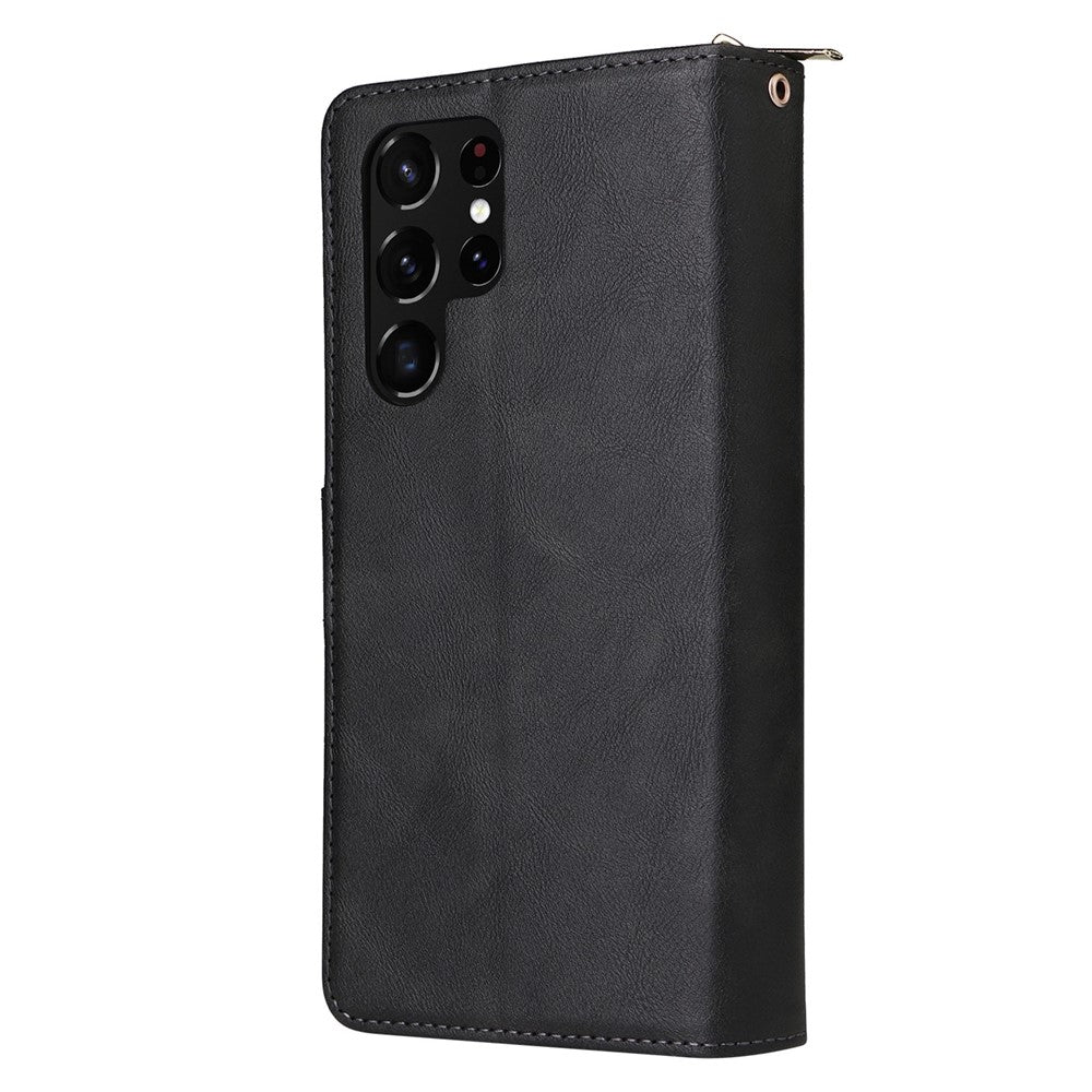 Samsung Galaxy S23 Ultra Handsfree-stativ Plånboksfodral med dragkedja, PU-läder, magnetiskt 9 korthållare, 9 kortplatser