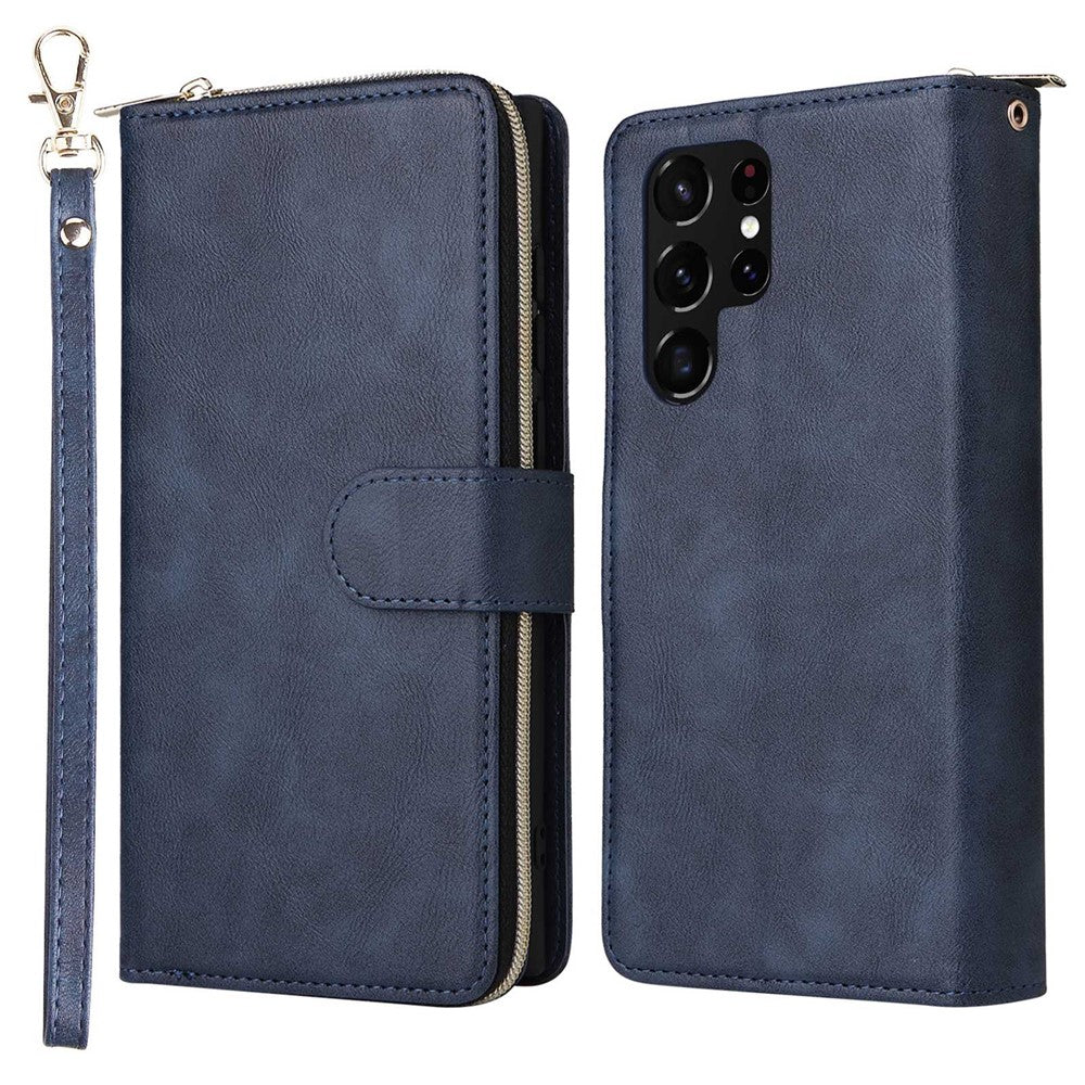 Samsung Galaxy S23 Ultra Handsfree-stativ Plånboksfodral med dragkedja, PU-läder, magnetiskt 9 korthållare, 9 kortplatser