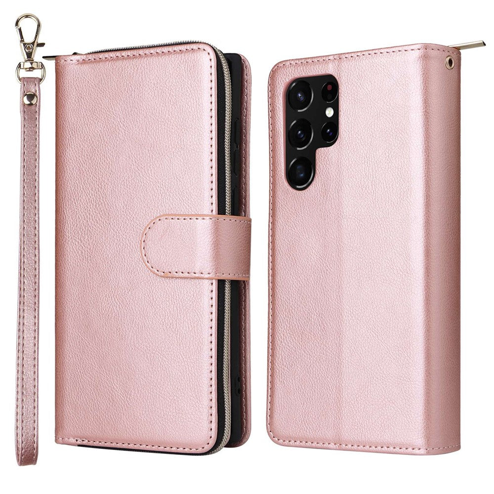 Samsung Galaxy S23 Ultra Handsfree-stativ Plånboksfodral med dragkedja, PU-läder, magnetiskt 9 korthållare, 9 kortplatser