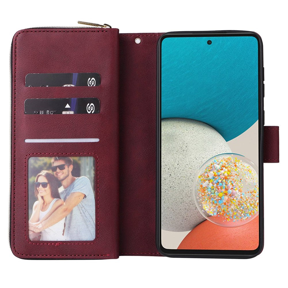 Samsung Galaxy A53 5G Stativ Plånbok mobil Flipfodral PU Läder Magnetiskt 9 Korthållare Blixtlåsficka Fodral med Rem