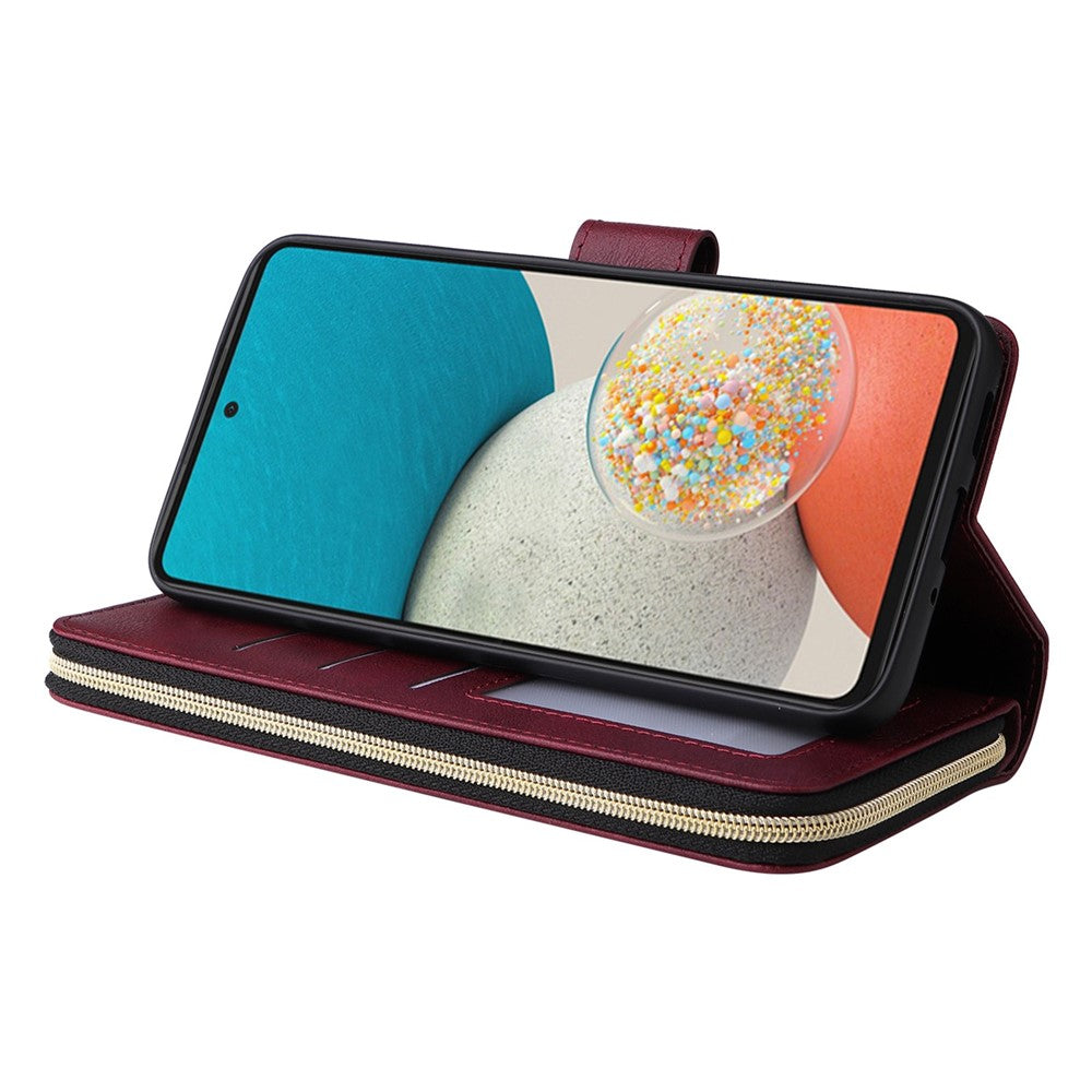 Samsung Galaxy A53 5G Stativ Plånbok mobil Flipfodral PU Läder Magnetiskt 9 Korthållare Blixtlåsficka Fodral med Rem