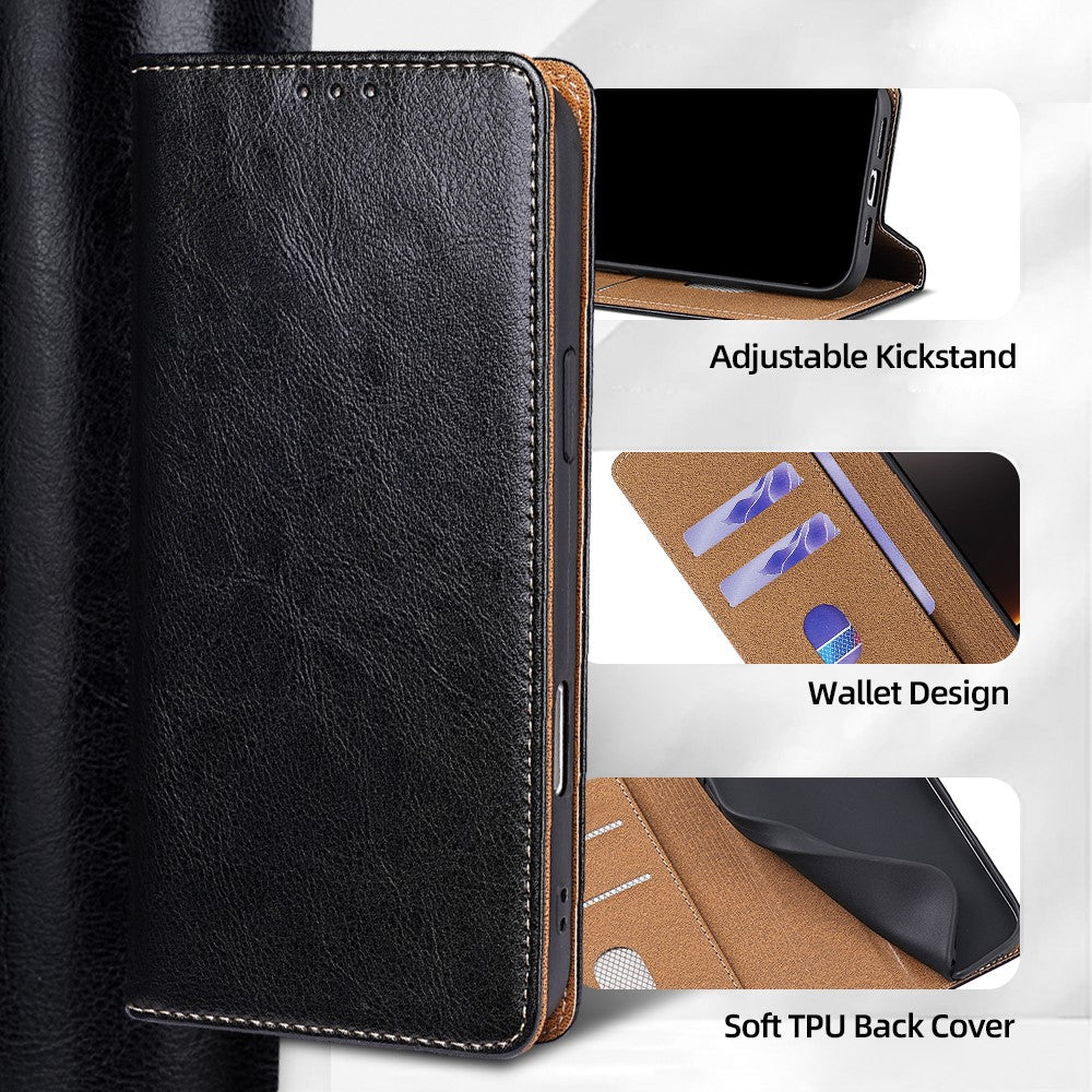 For Xiaomi Poco F8 Pro / Redmi K90 5G Case Genuine Cow Leather Stand Mobile Phone Cover with RFID Blocking Wallet