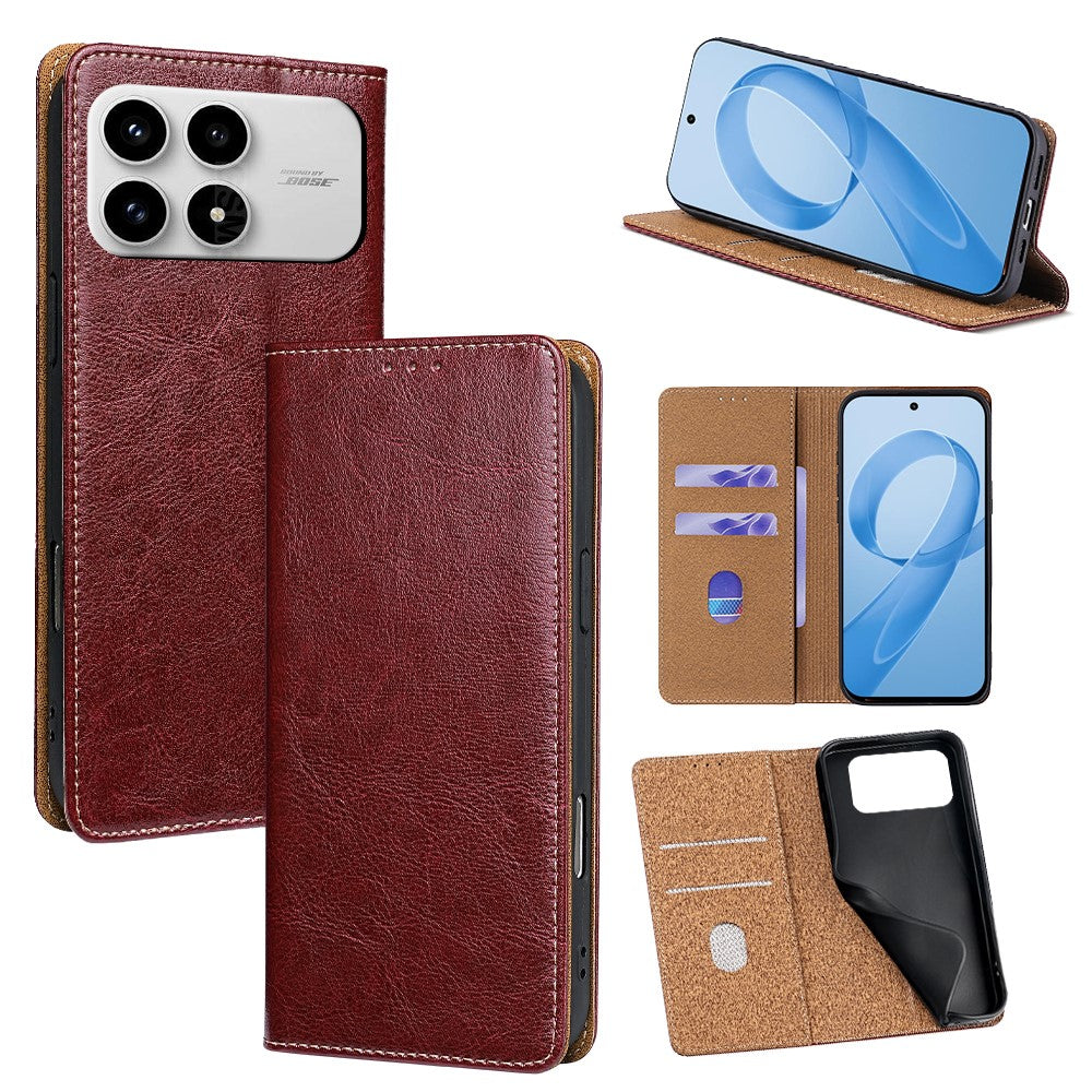 For Xiaomi Poco F8 Pro / Redmi K90 5G Case Genuine Cow Leather Stand Mobile Phone Cover with RFID Blocking Wallet