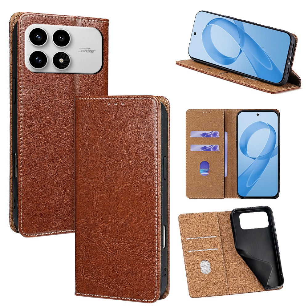 For Xiaomi Poco F8 Pro / Redmi K90 5G Case Genuine Cow Leather Stand Mobile Phone Cover with RFID Blocking Wallet