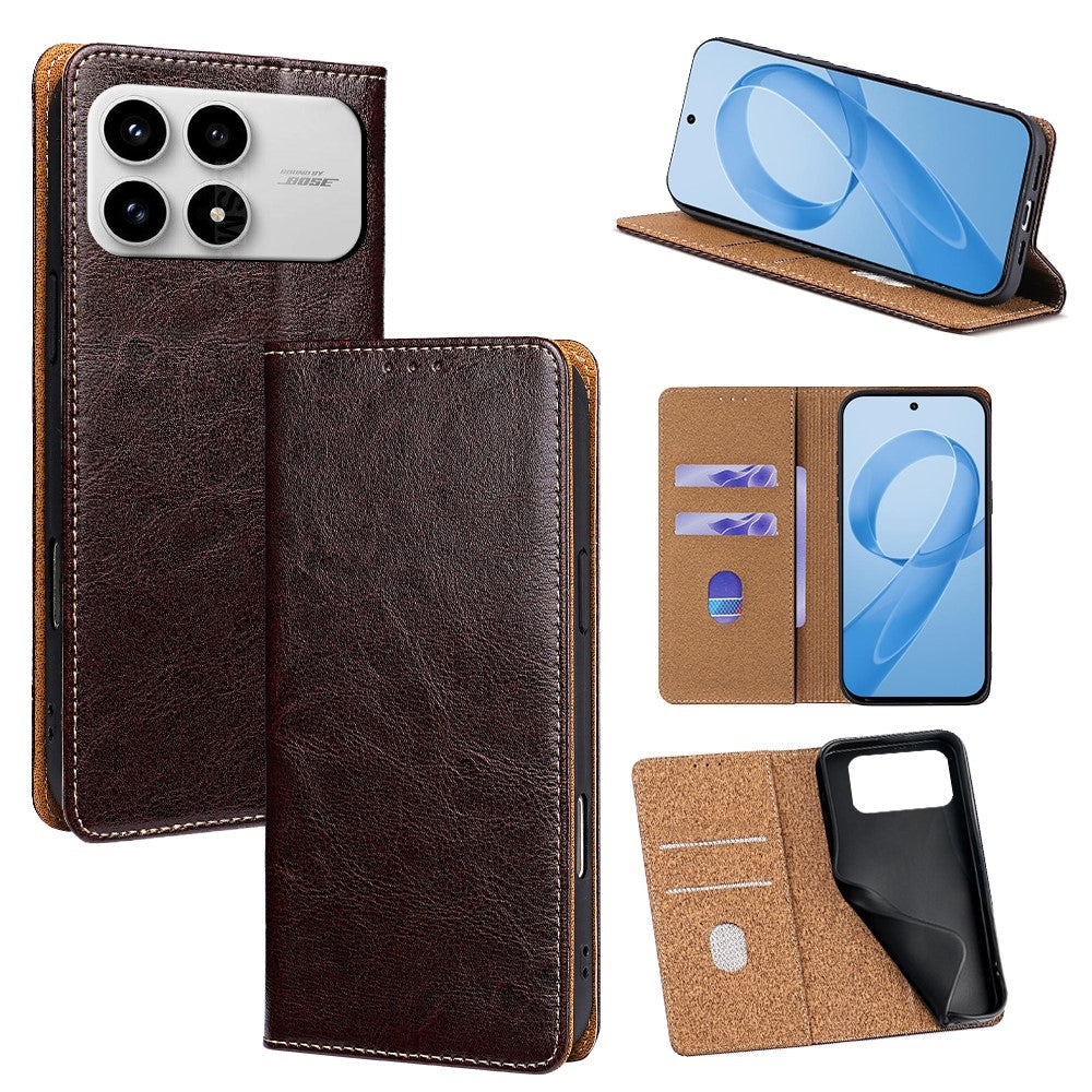 For Xiaomi Poco F8 Pro / Redmi K90 5G Case Genuine Cow Leather Stand Mobile Phone Cover with RFID Blocking Wallet