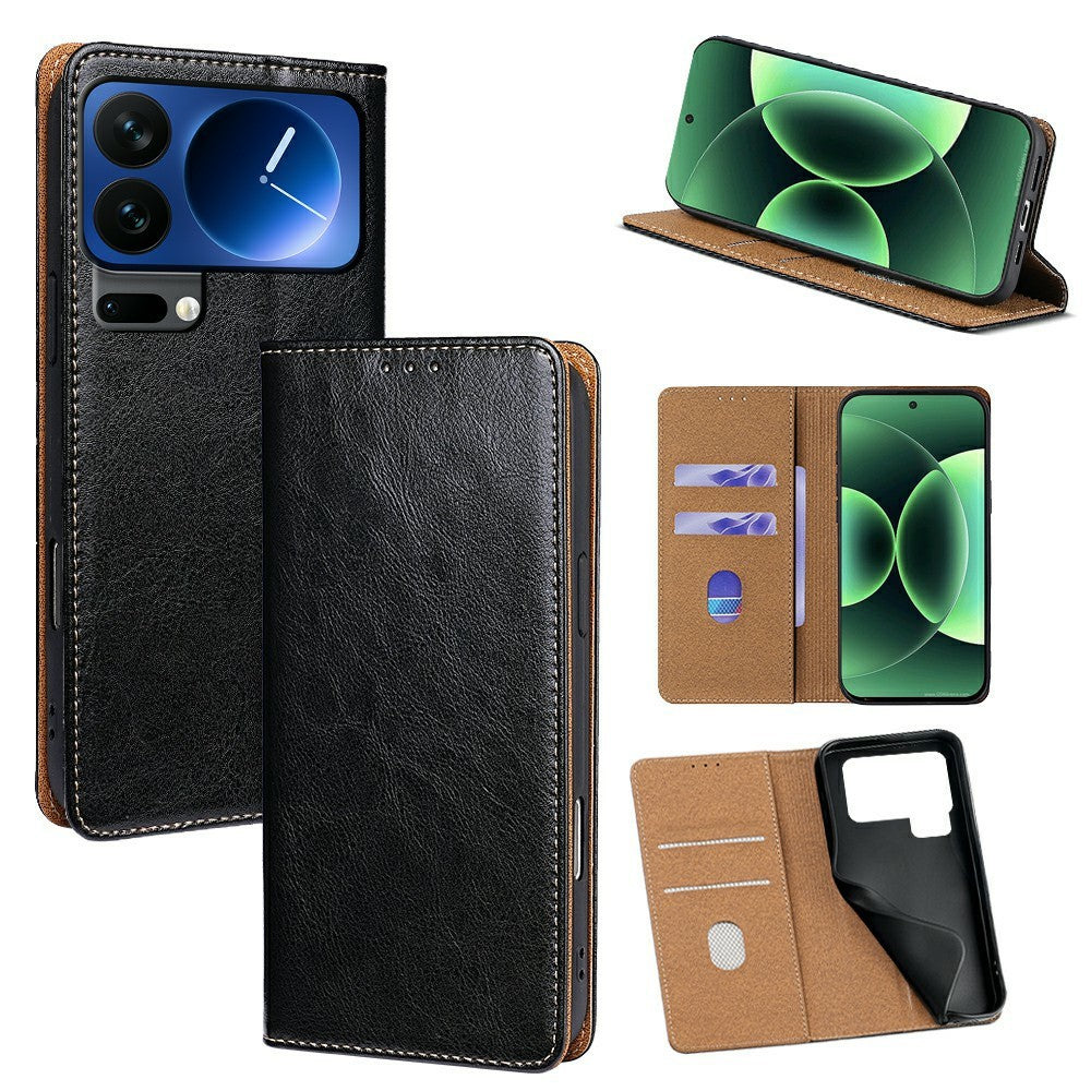 For Xiaomi 17 Pro Case Genuine Cow Leather Stand Mobile Phone Cover with RFID Blocking Wallet