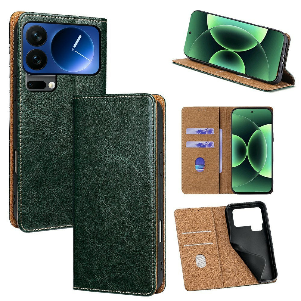 For Xiaomi 17 Pro Case Genuine Cow Leather Stand Mobile Phone Cover with RFID Blocking Wallet