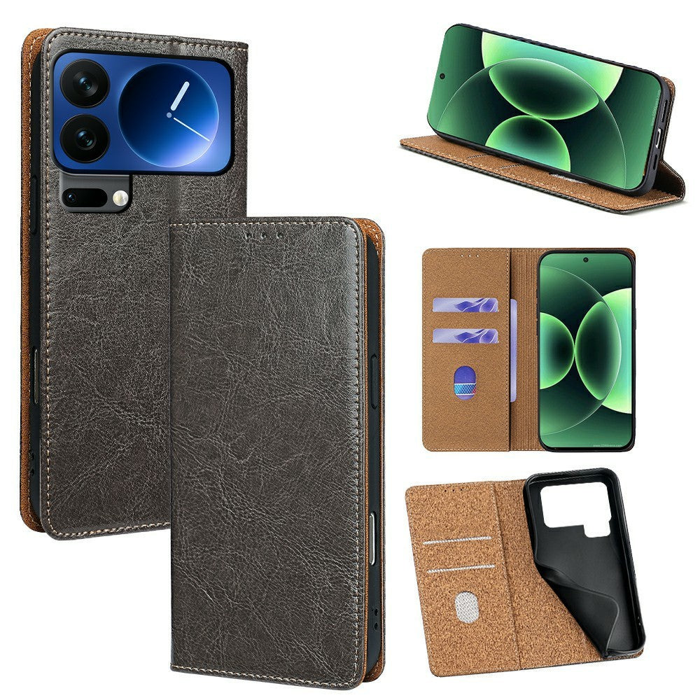 For Xiaomi 17 Pro Case Genuine Cow Leather Stand Mobile Phone Cover with RFID Blocking Wallet