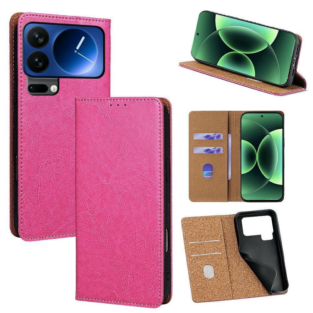 For Xiaomi 17 Pro Case Genuine Cow Leather Stand Mobile Phone Cover with RFID Blocking Wallet