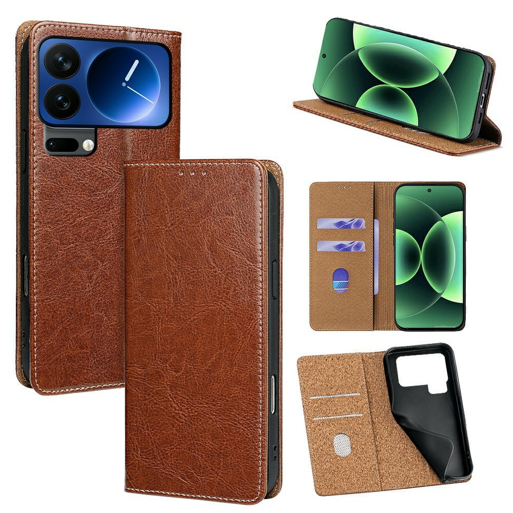 For Xiaomi 17 Pro Case Genuine Cow Leather Stand Mobile Phone Cover with RFID Blocking Wallet