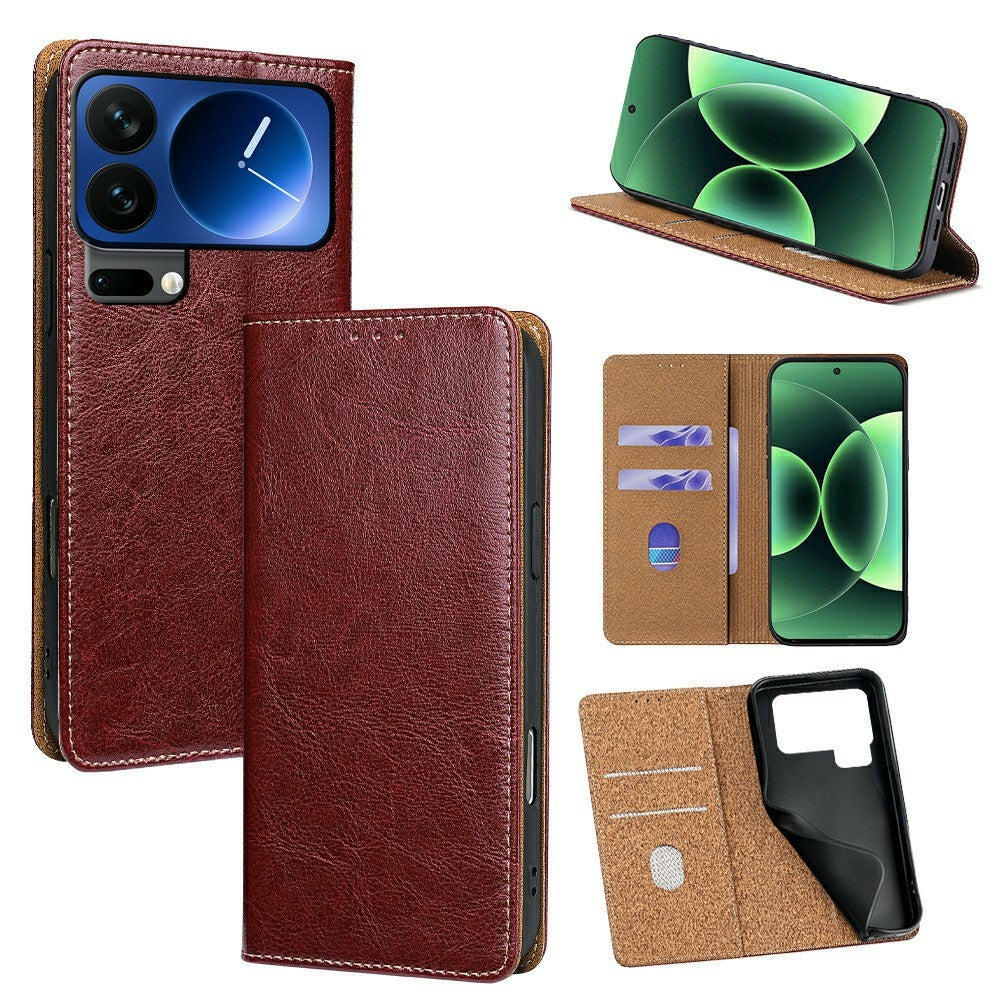 For Xiaomi 17 Pro Case Genuine Cow Leather Stand Mobile Phone Cover with RFID Blocking Wallet