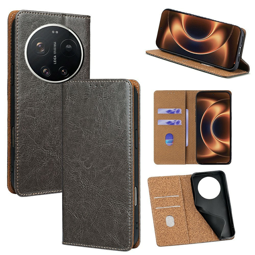 For Xiaomi 17 Ultra 5G Case Genuine Cow Leather Stand Mobile Phone Cover with RFID Blocking Wallet