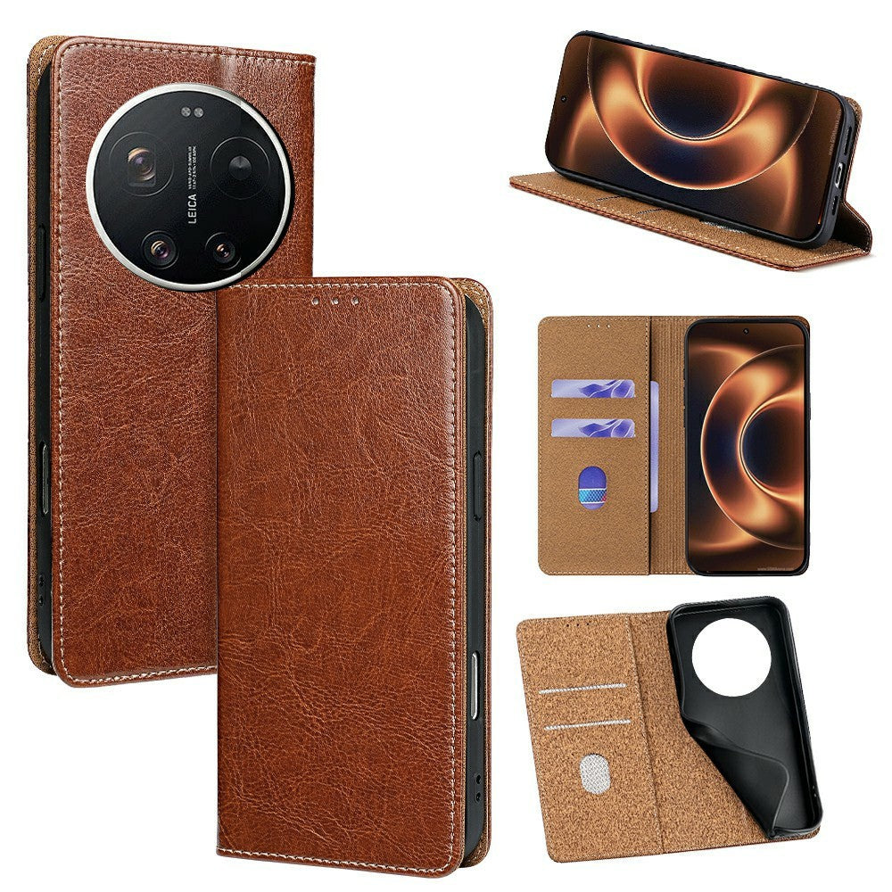 For Xiaomi 17 Ultra 5G Case Genuine Cow Leather Stand Mobile Phone Cover with RFID Blocking Wallet