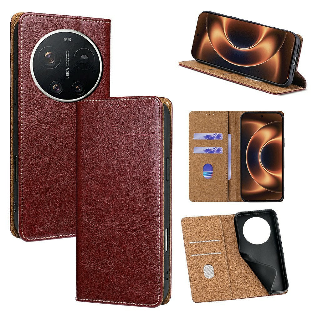 For Xiaomi 17 Ultra 5G Case Genuine Cow Leather Stand Mobile Phone Cover with RFID Blocking Wallet