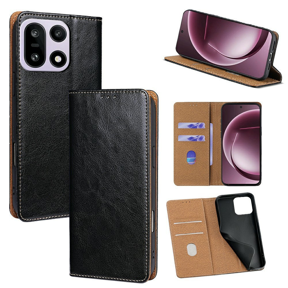 OnePlus 15 5G-skal, äkta nötläder, stativ, mobilmobilfodral med RFID-blockerande plånbok