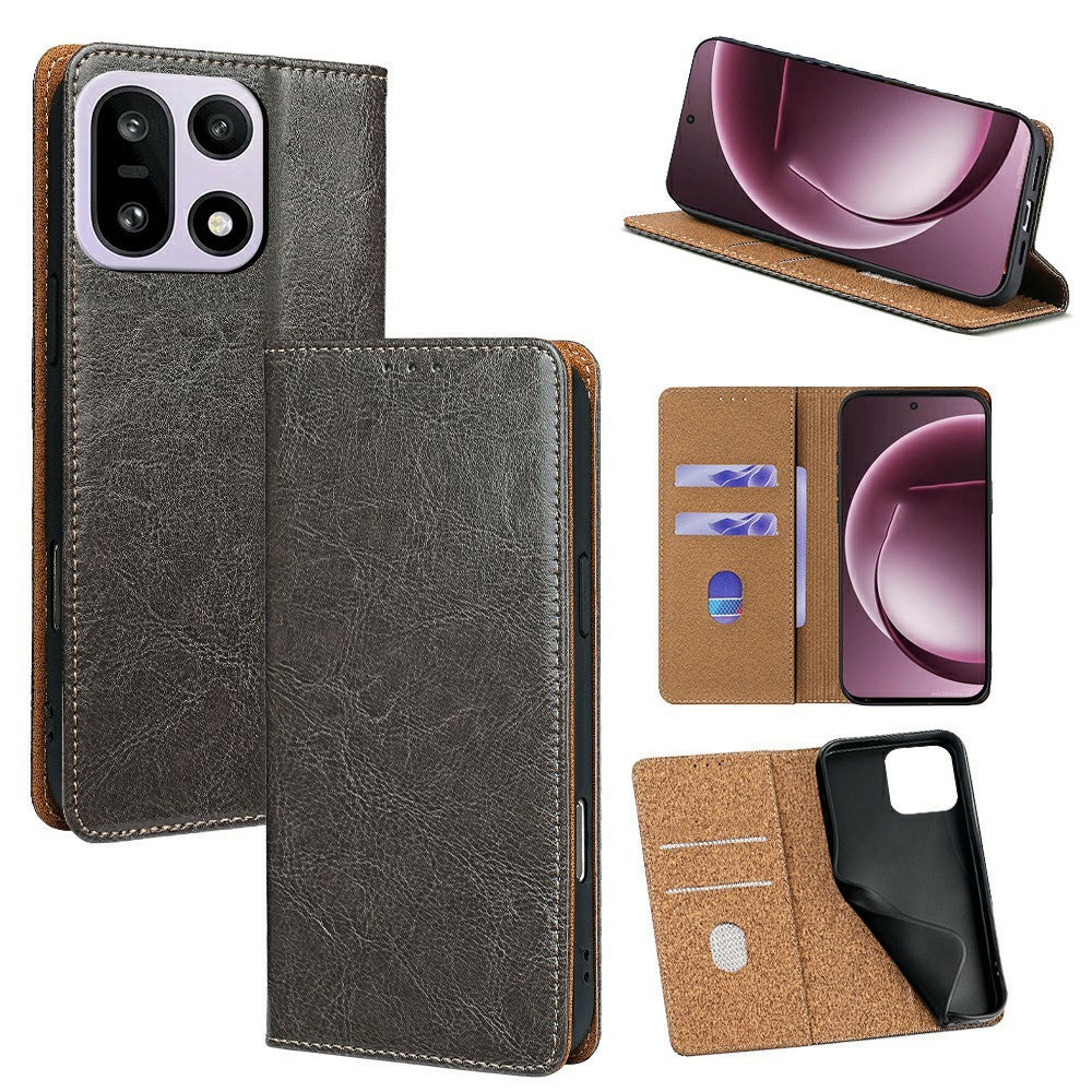 OnePlus 15 5G-skal, äkta nötläder, stativ, mobilmobilfodral med RFID-blockerande plånbok
