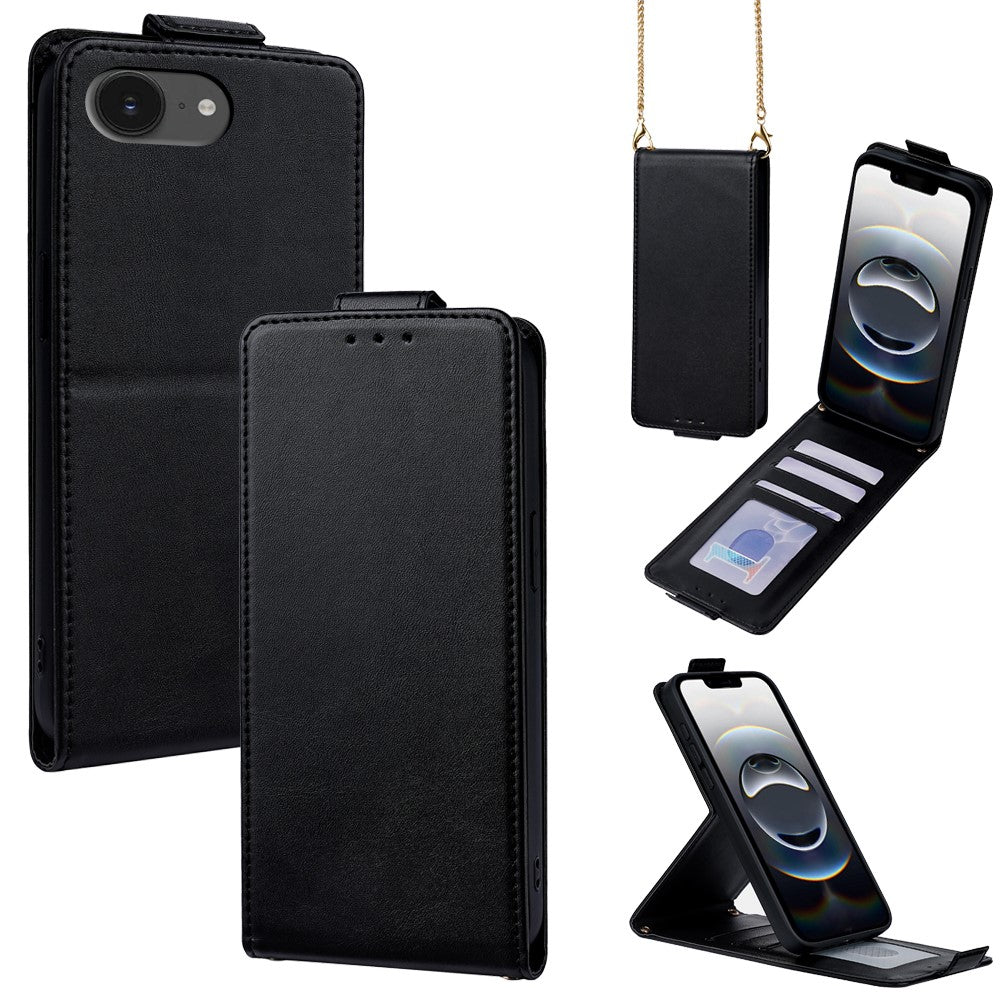 For iPhone 17e / 16e Case Card Holder Vertical Flip Leather Phone Cover with Crossbody Shoulder Strap