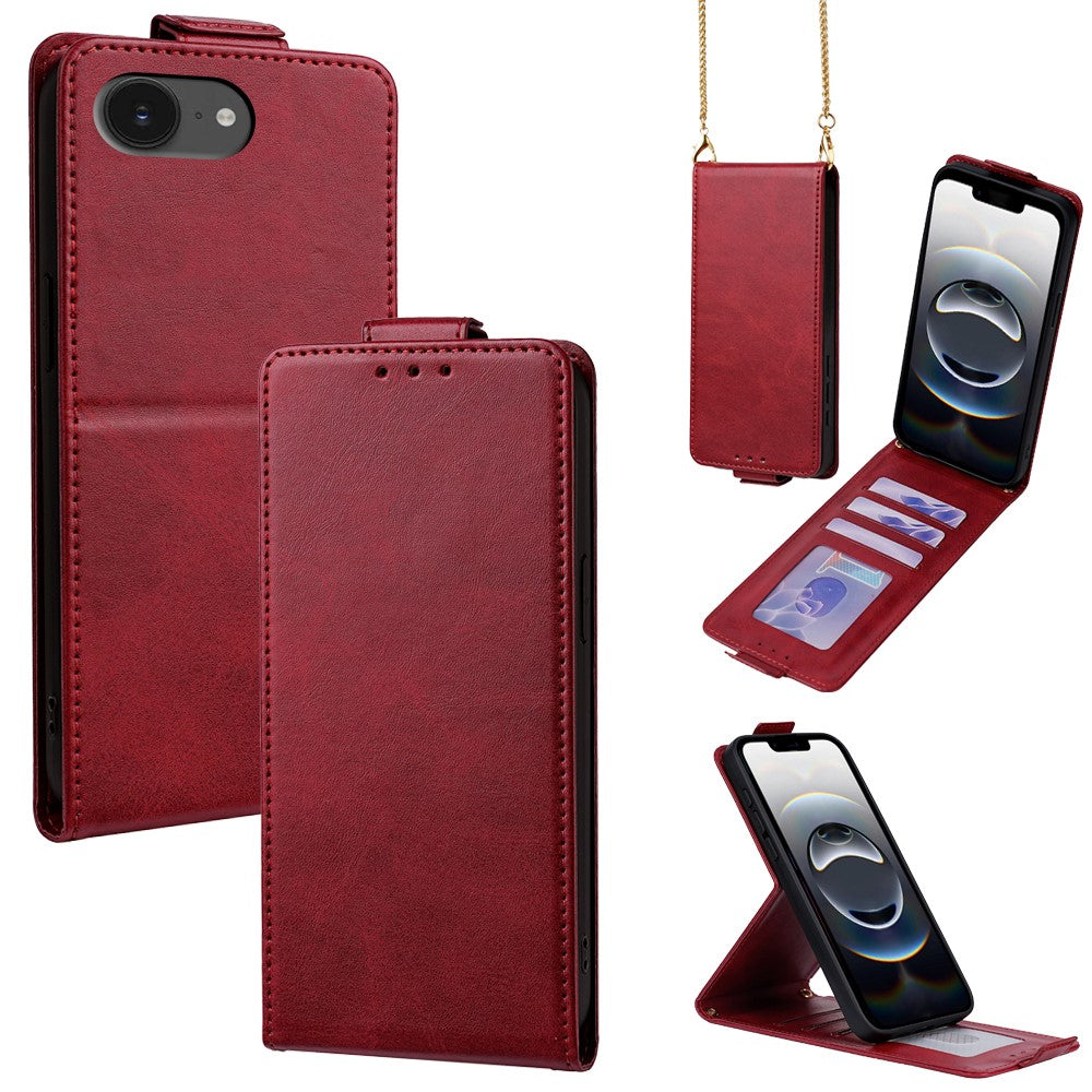 For iPhone 17e / 16e Case Card Holder Vertical Flip Leather Phone Cover with Crossbody Shoulder Strap