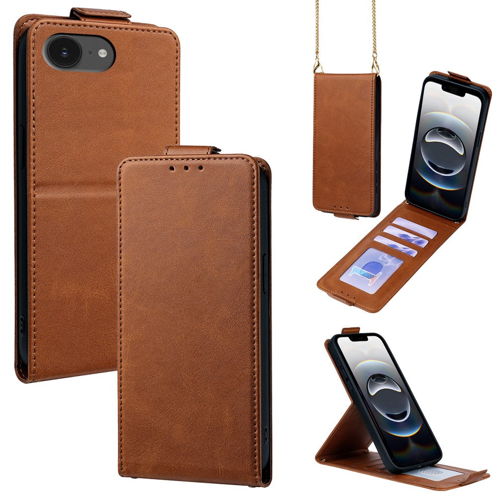 For iPhone 17e / 16e Case Card Holder Vertical Flip Leather Phone Cover with Crossbody Shoulder Strap