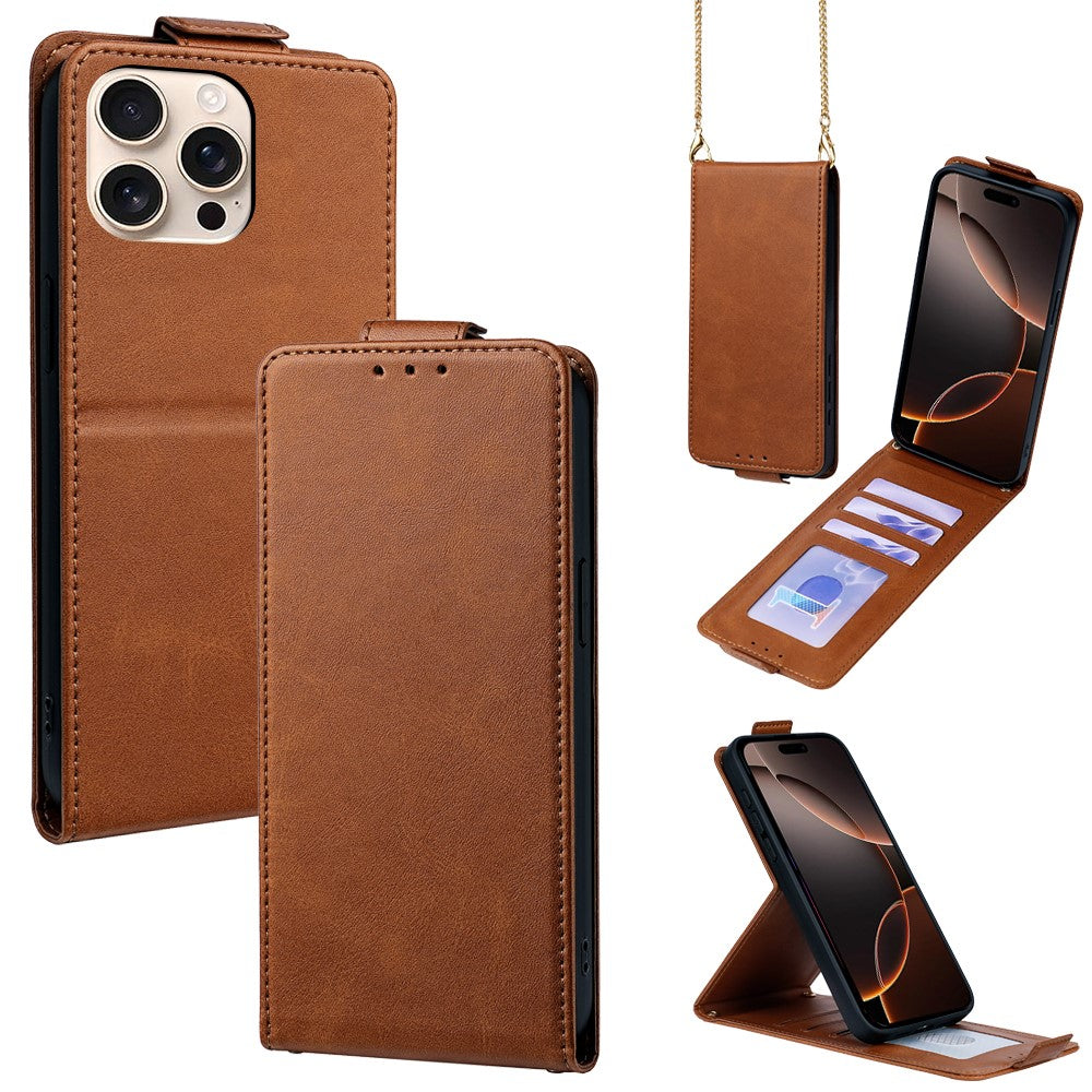 For iPhone 16 Pro Max Case Card Holder Vertical Flip Leather Phone Cover with Crossbody Shoulder Strap