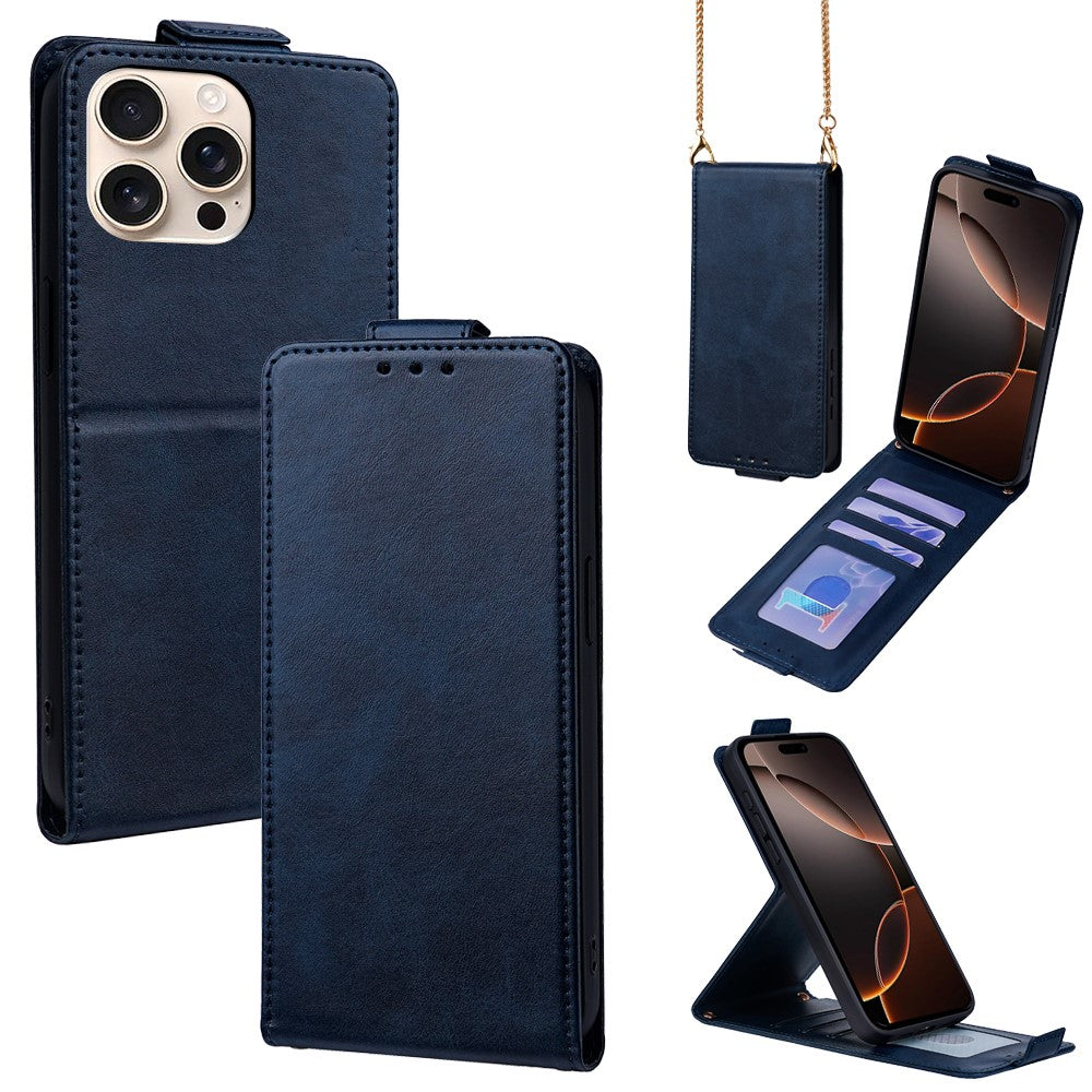 For iPhone 16 Pro Max Case Card Holder Vertical Flip Leather Phone Cover with Crossbody Shoulder Strap