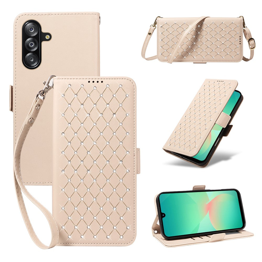 Samsung Galaxy A18 5G / A18 4G A17 5G / A17 4G / A26 5G / A16 5G / A16 4G Läderfodral Strassdekor Rombmönster Plånboksfodral Flipfodral med Remmar