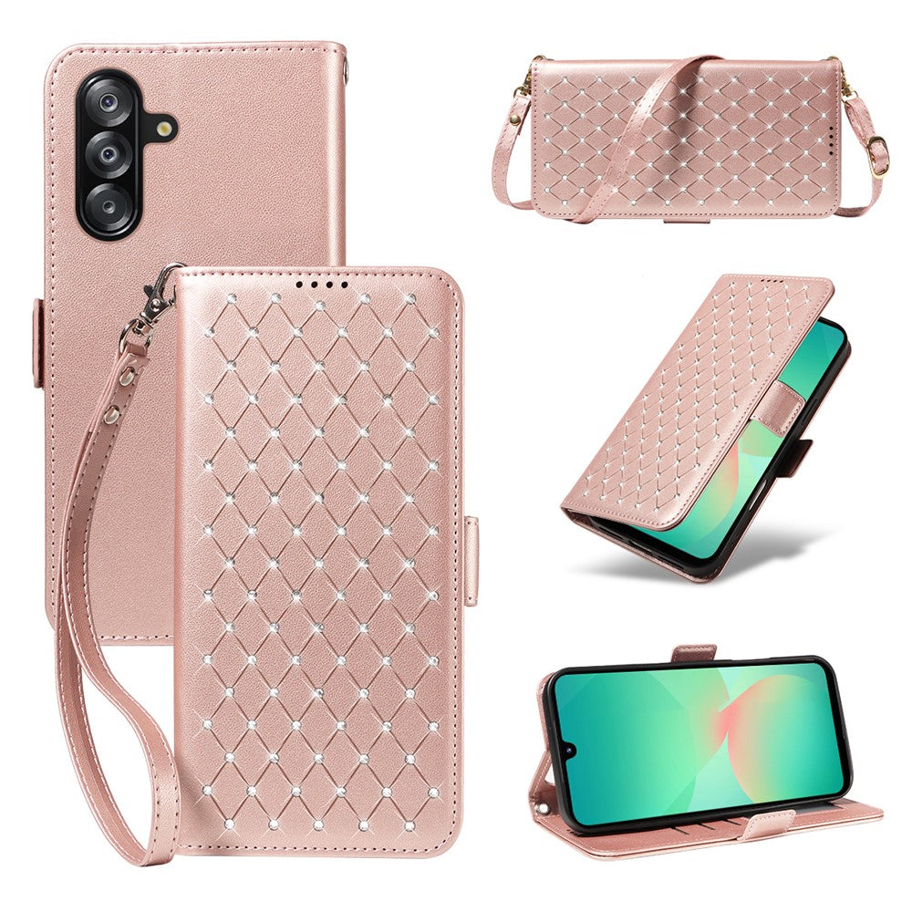 Samsung Galaxy A18 5G / A18 4G A17 5G / A17 4G / A26 5G / A16 5G / A16 4G Läderfodral Strassdekor Rombmönster Plånboksfodral Flipfodral med Remmar