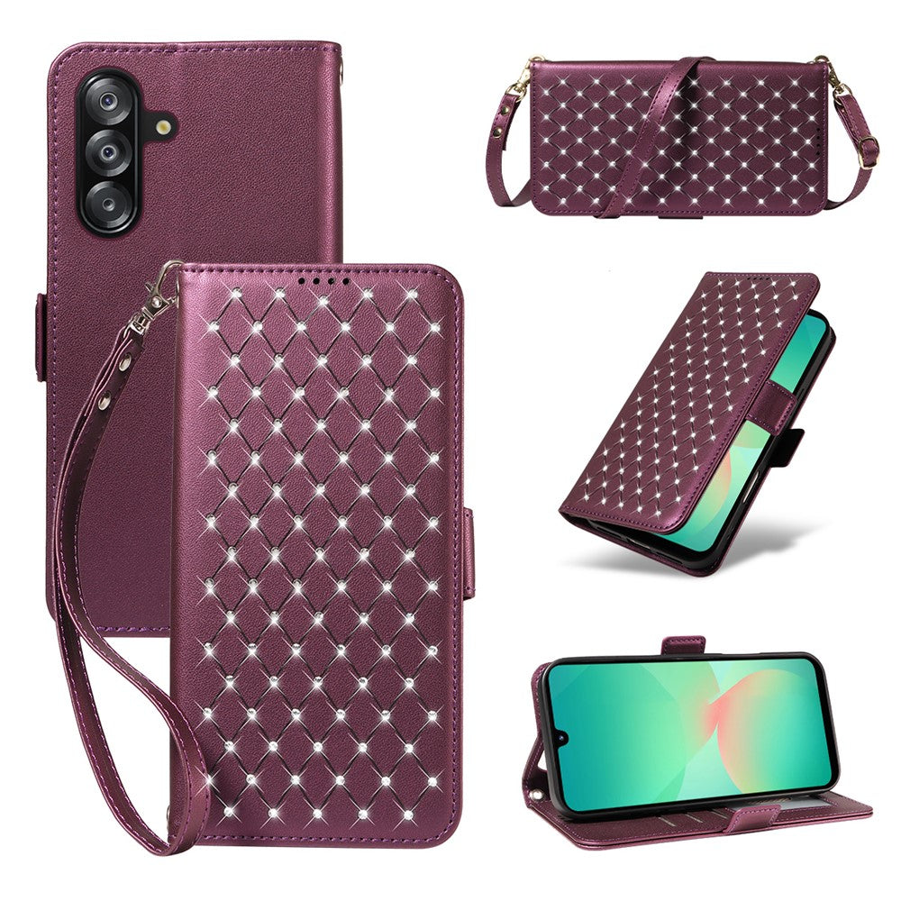 Samsung Galaxy A18 5G / A18 4G A17 5G / A17 4G / A26 5G / A16 5G / A16 4G Läderfodral Strassdekor Rombmönster Plånboksfodral Flipfodral med Remmar