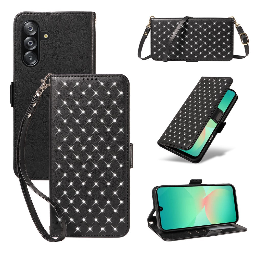 Samsung Galaxy A18 5G / A18 4G A17 5G / A17 4G / A26 5G / A16 5G / A16 4G Läderfodral Strassdekor Rombmönster Plånboksfodral Flipfodral med Remmar