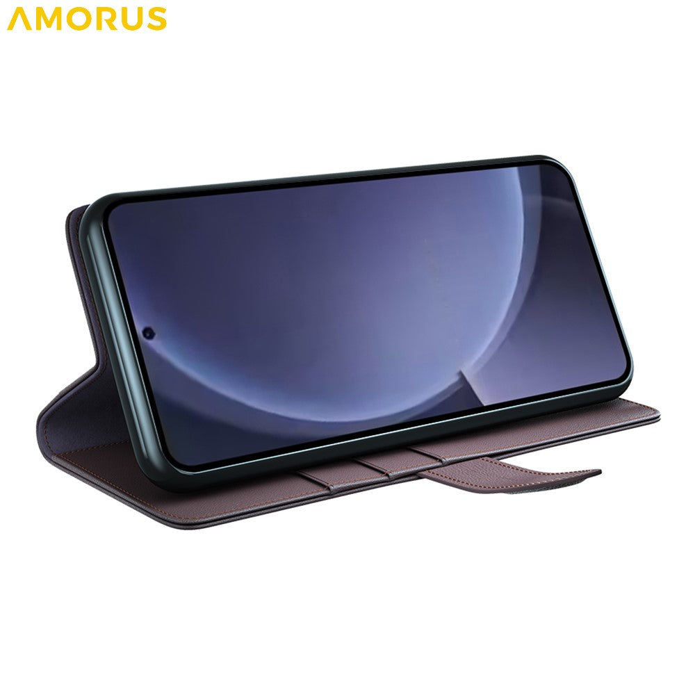 AMORUS Til Samsung Galaxy S26+ Stand Cases Kalveskindstekstur Ægte Splidlæder Pung Telefoncover