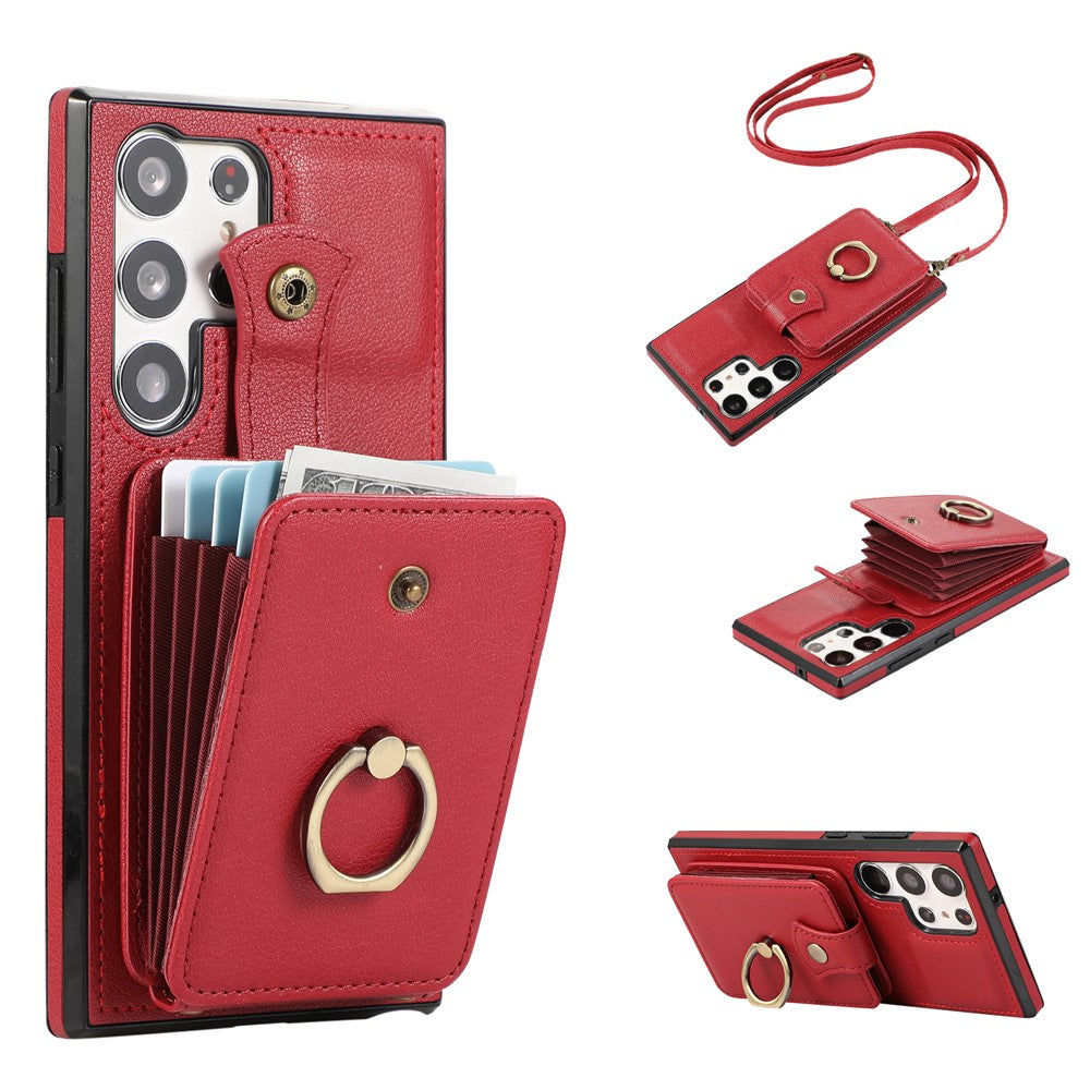 For Samsung Galaxy S26 Ultra Case Card Holder Ring Kickstand TPU + PU Leather Phone Cover with Long Strap