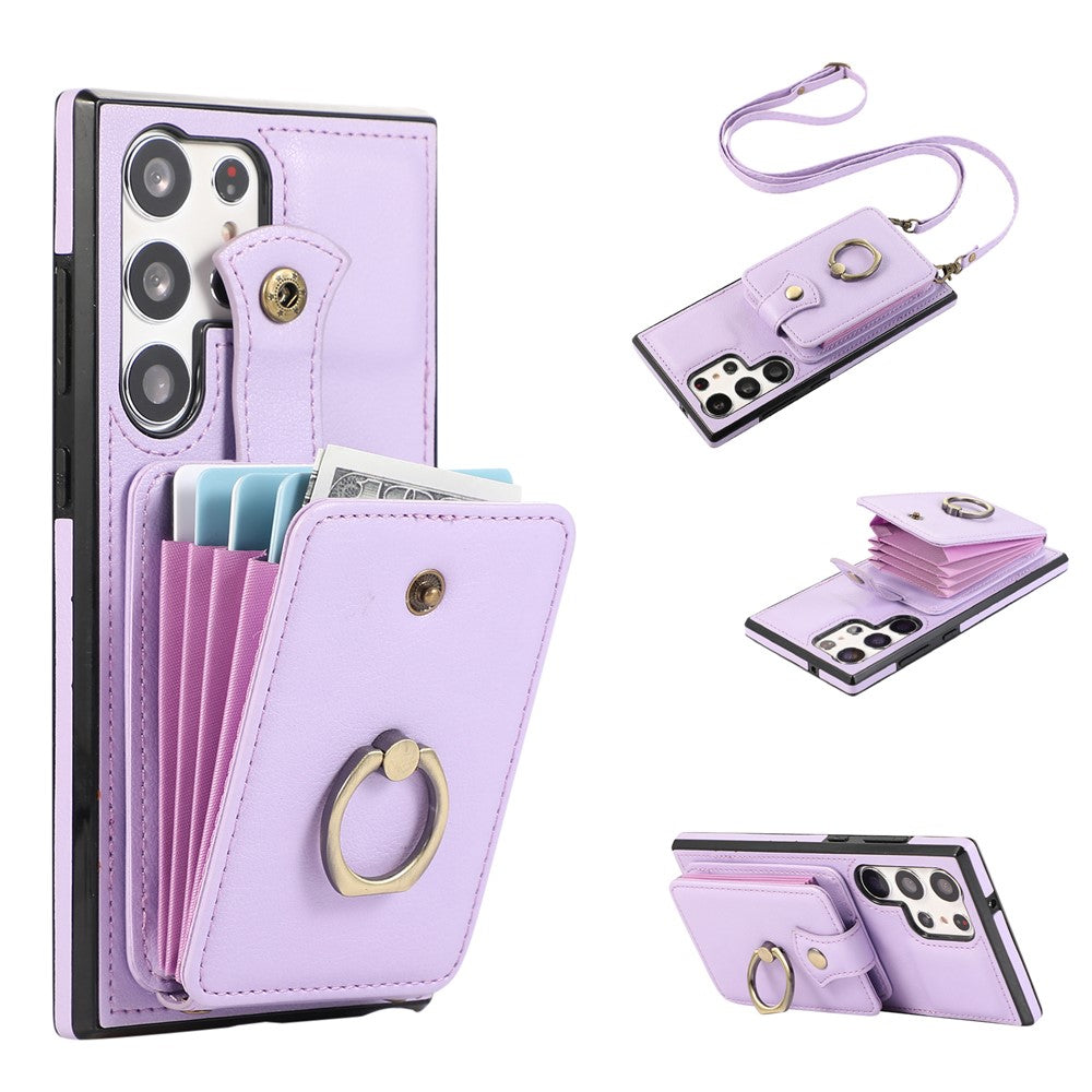 For Samsung Galaxy S26 Ultra Case Card Holder Ring Kickstand TPU + PU Leather Phone Cover with Long Strap