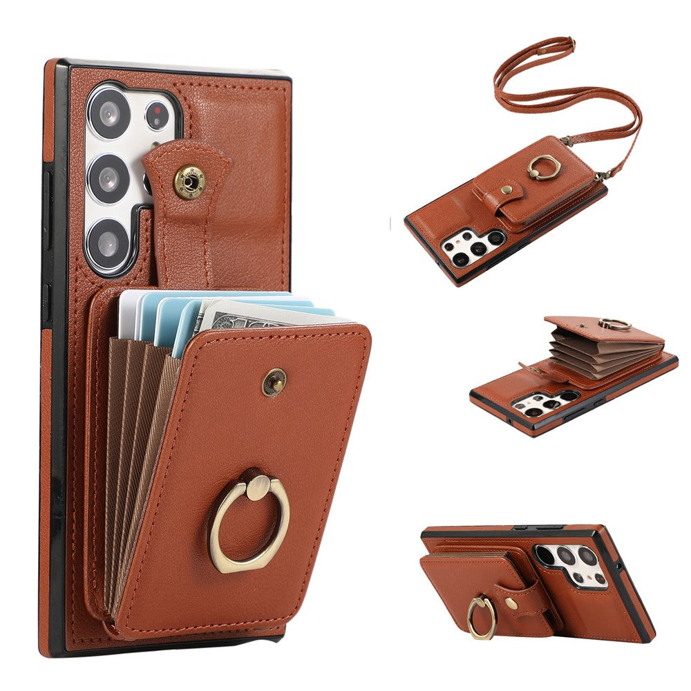 For Samsung Galaxy S26 Ultra Case Card Holder Ring Kickstand TPU + PU Leather Phone Cover with Long Strap