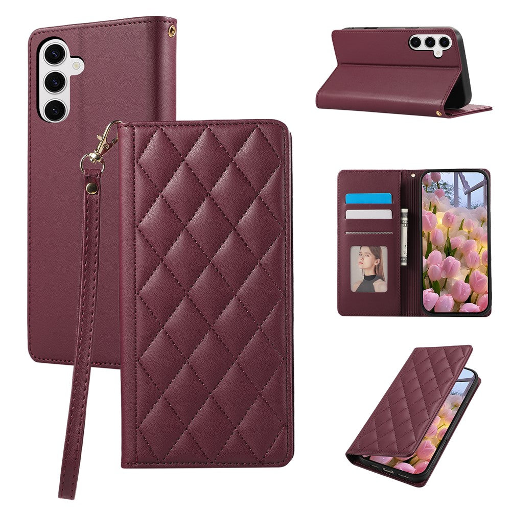 For Samsung Galaxy A57 5G Case RFID Blocking Wallet Stand Rhombus Leather Cover with Wrist Strap