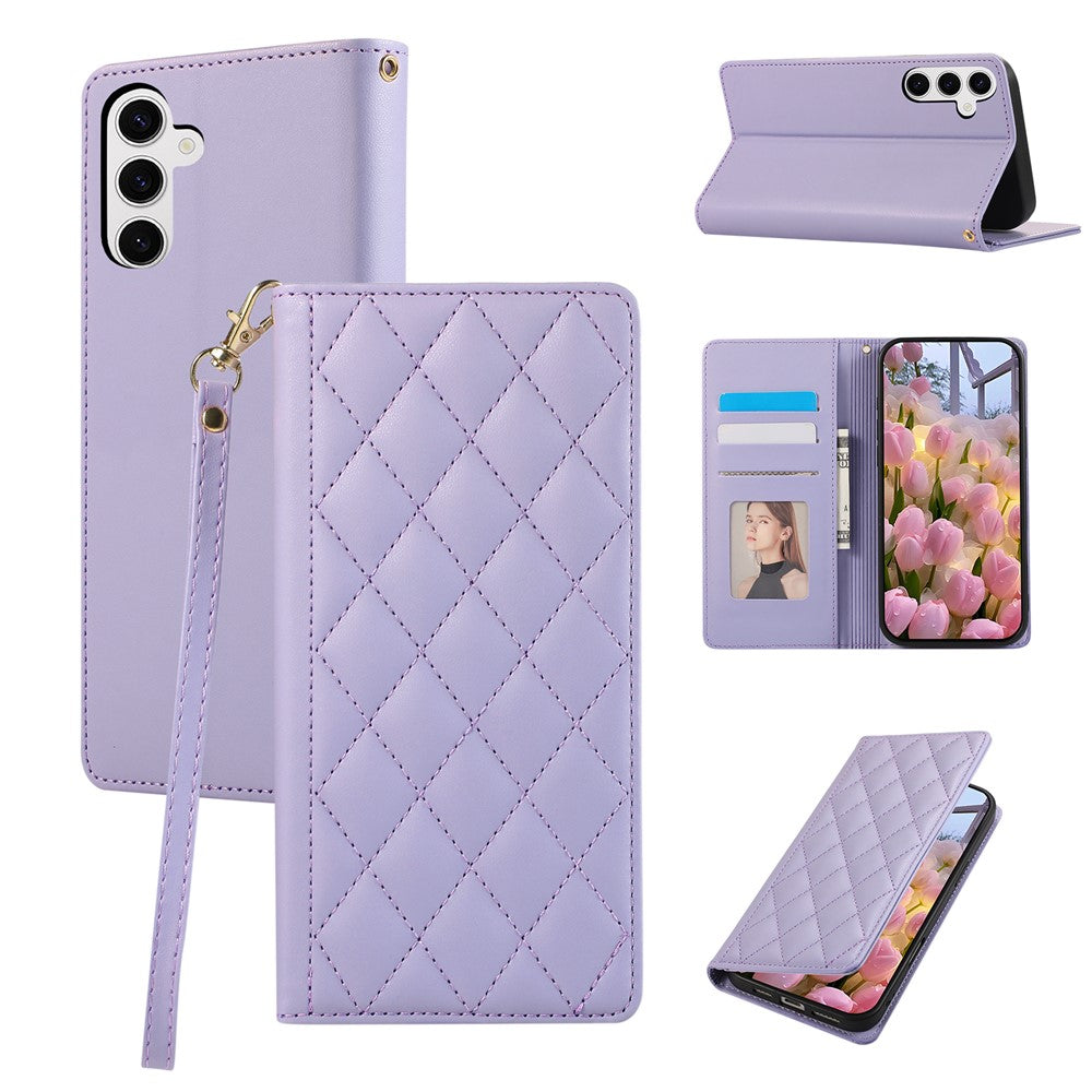 For Samsung Galaxy A57 5G Case RFID Blocking Wallet Stand Rhombus Leather Cover with Wrist Strap