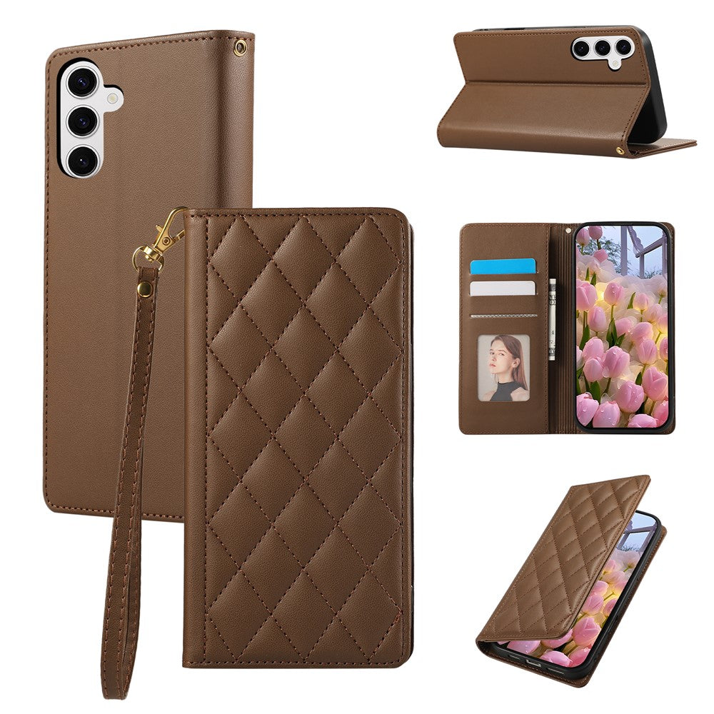 For Samsung Galaxy A57 5G Case RFID Blocking Wallet Stand Rhombus Leather Cover with Wrist Strap