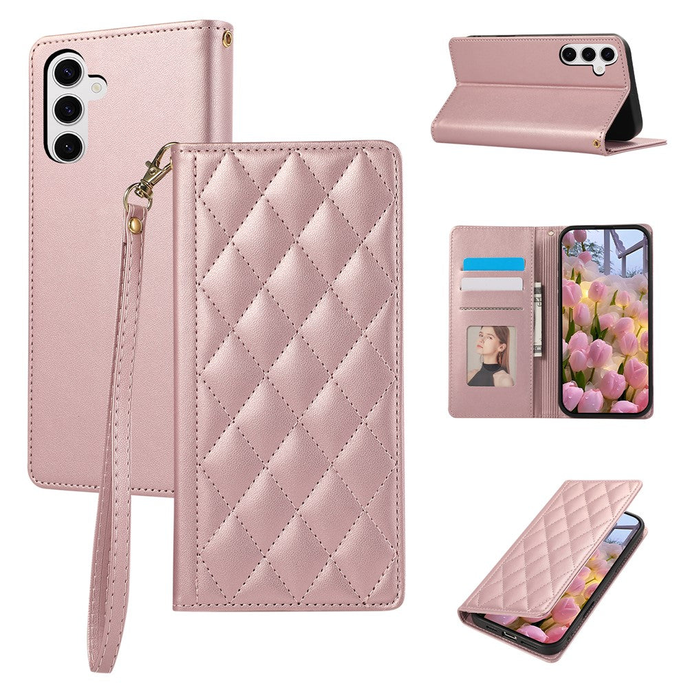For Samsung Galaxy A57 5G Case RFID Blocking Wallet Stand Rhombus Leather Cover with Wrist Strap