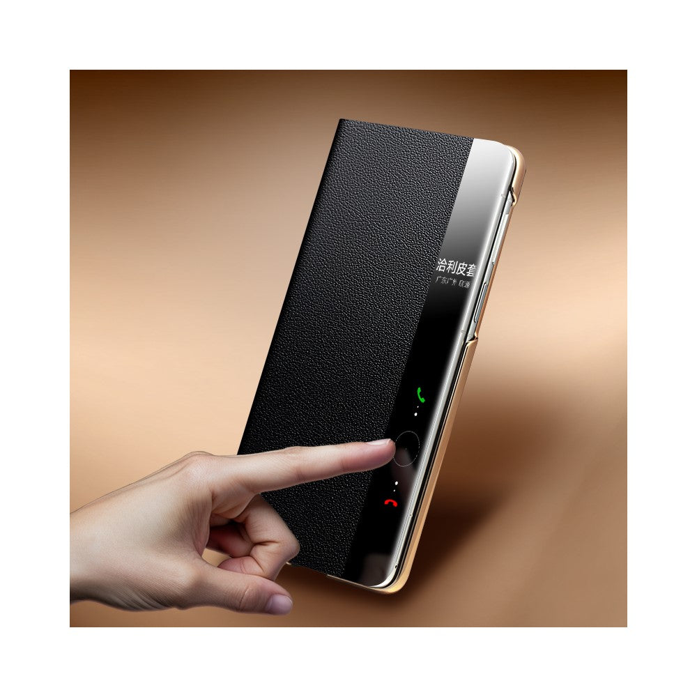 QIALINO For Huawei Mate X7 Case Genuine Cow Leather Kickstand Phone Cover with View Window