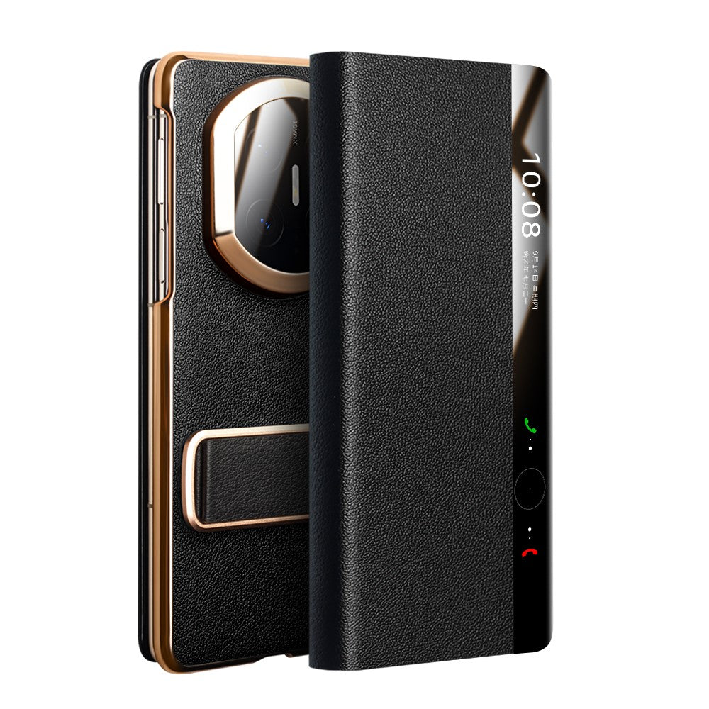 QIALINO For Huawei Mate X7 Case Genuine Cow Leather Kickstand Phone Cover with View Window
