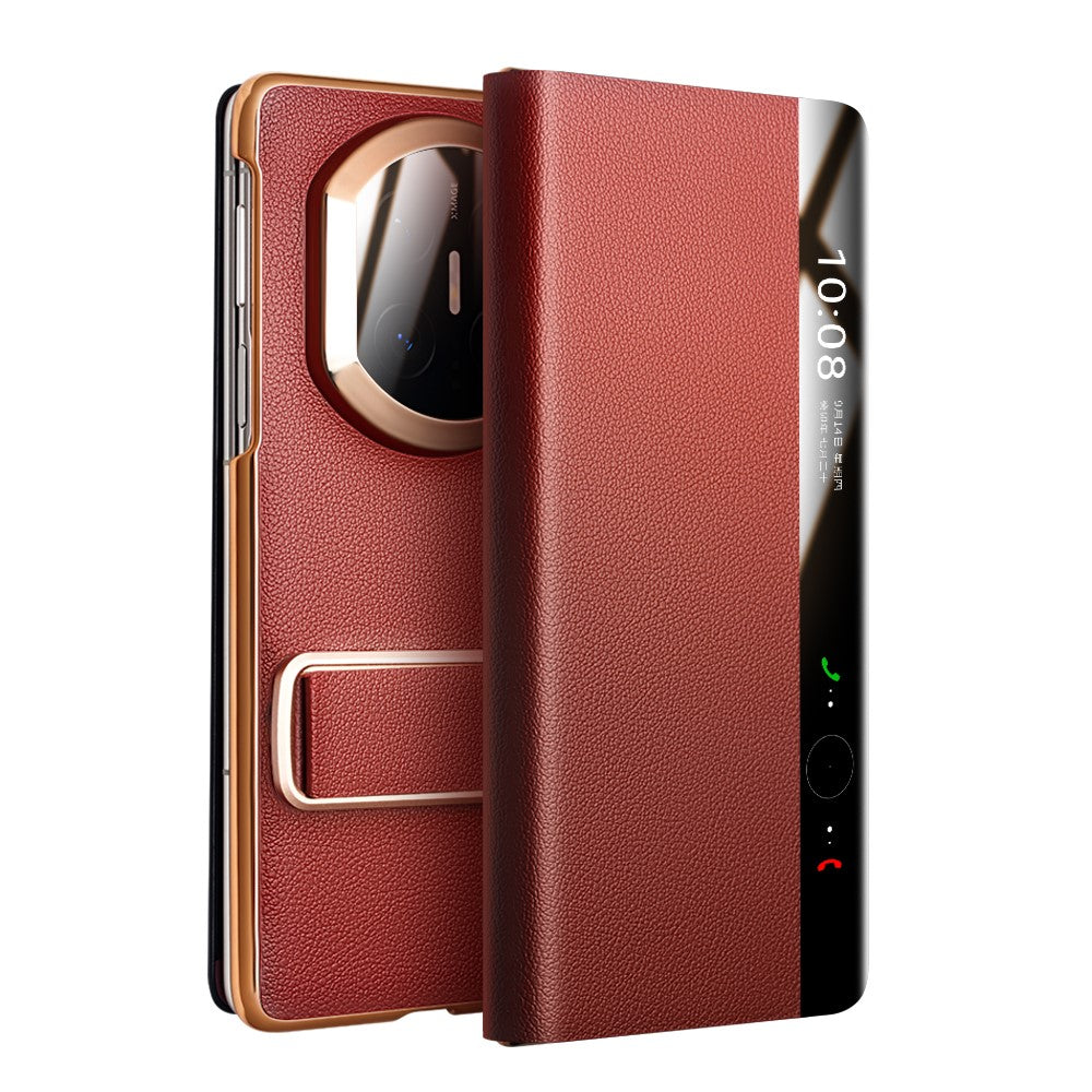 QIALINO For Huawei Mate X7 Case Genuine Cow Leather Kickstand Phone Cover with View Window