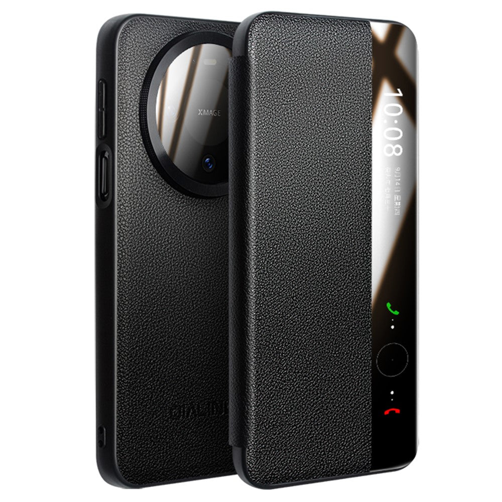 QIALINO For Huawei Mate 80  /  Mate 80 Pro Case View Window Genuine Cow Leather Flip Phone Cover with Tempered Glass Lens Protector