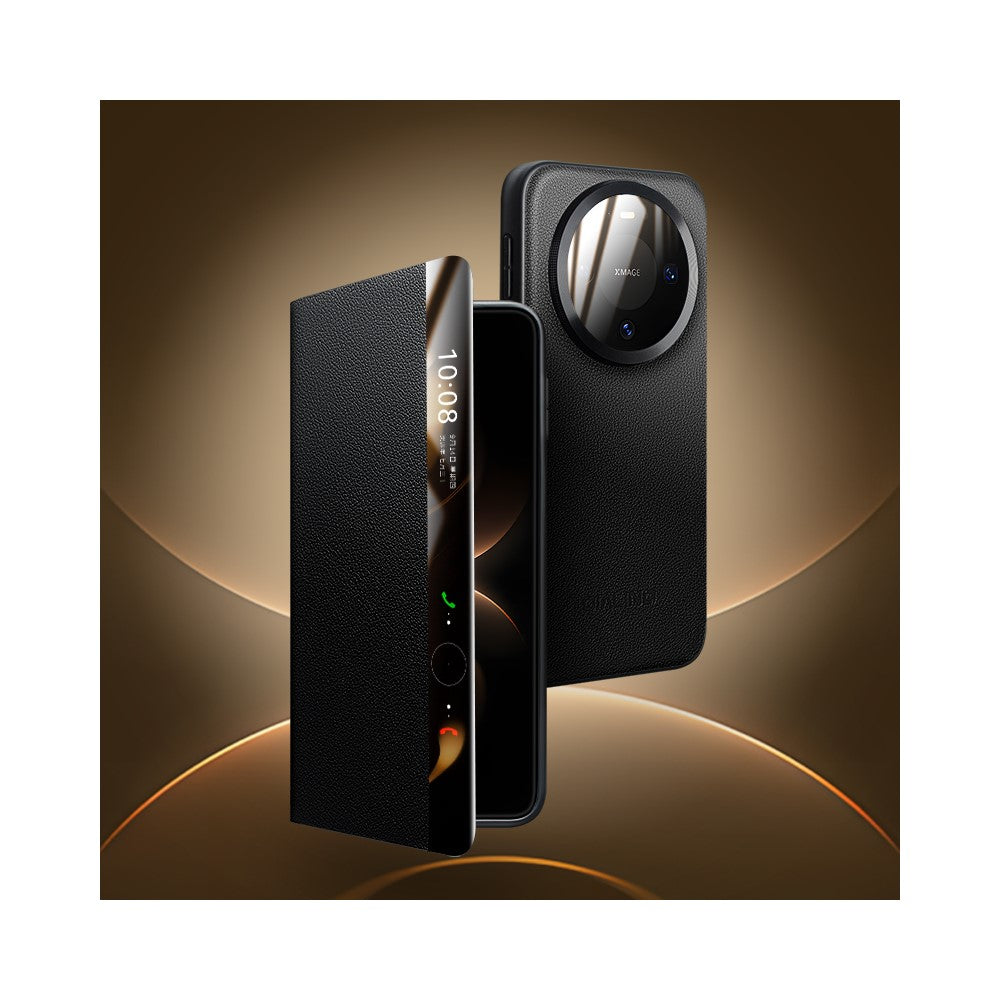 QIALINO For Huawei Mate 80  /  Mate 80 Pro Case View Window Genuine Cow Leather Flip Phone Cover with Tempered Glass Lens Protector