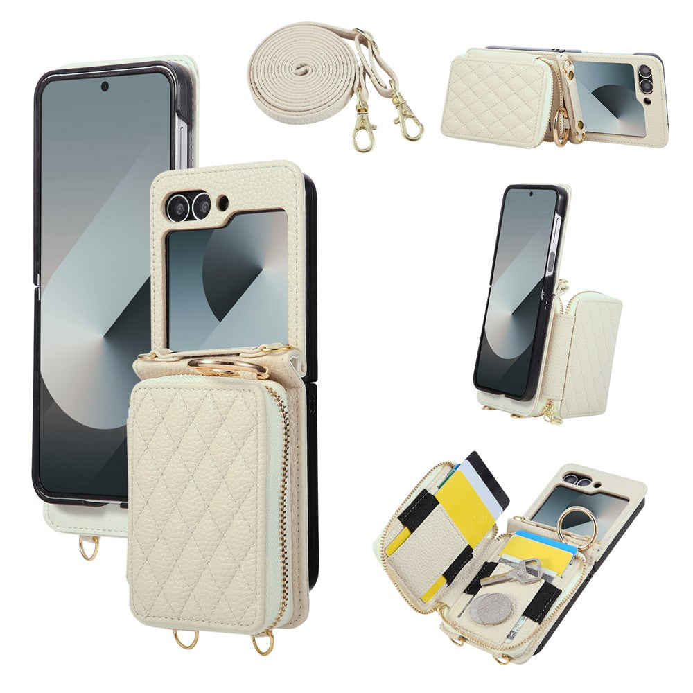 For Samsung Galaxy Z Flip6 5G Case Zipper Card Holder PU Leather Phone Back Cover with Shoulder Strap