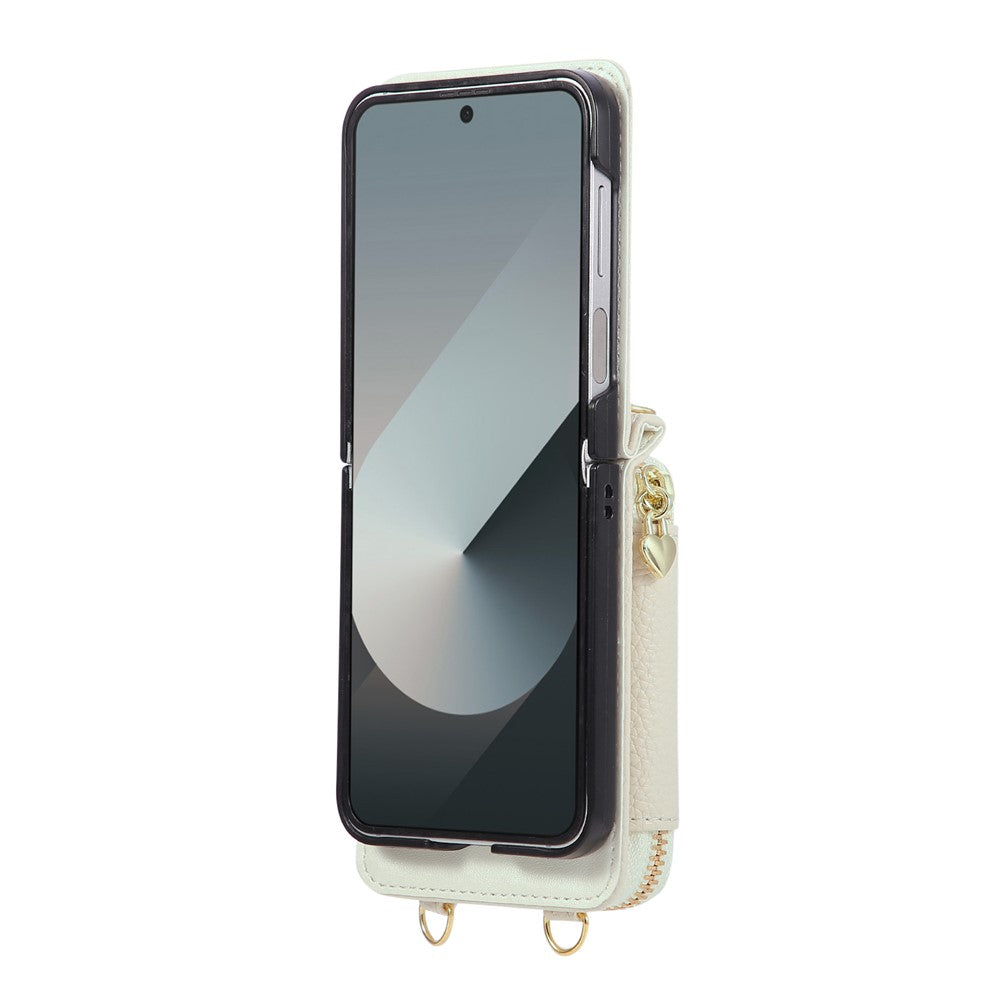 For Samsung Galaxy Z Flip6 5G Case Zipper Card Holder PU Leather Phone Back Cover with Shoulder Strap