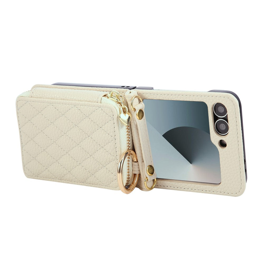 For Samsung Galaxy Z Flip6 5G Case Zipper Card Holder PU Leather Phone Back Cover with Shoulder Strap