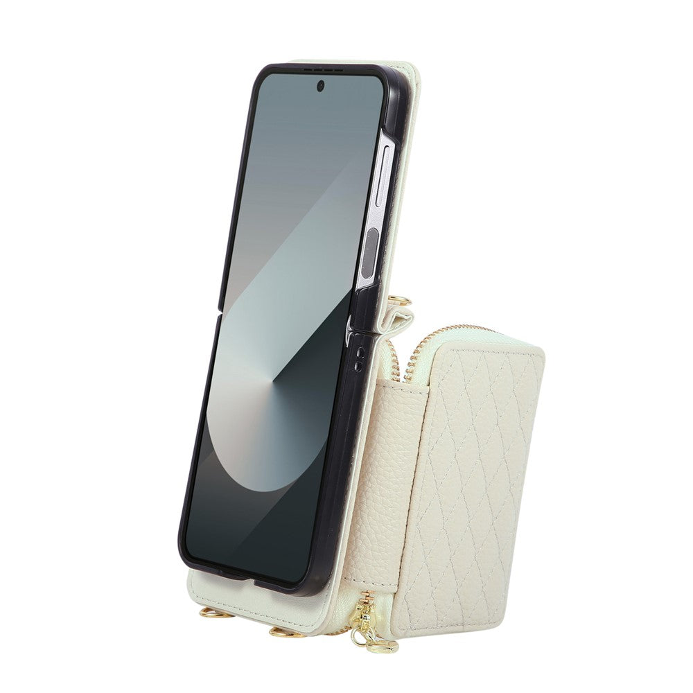 For Samsung Galaxy Z Flip6 5G Case Zipper Card Holder PU Leather Phone Back Cover with Shoulder Strap