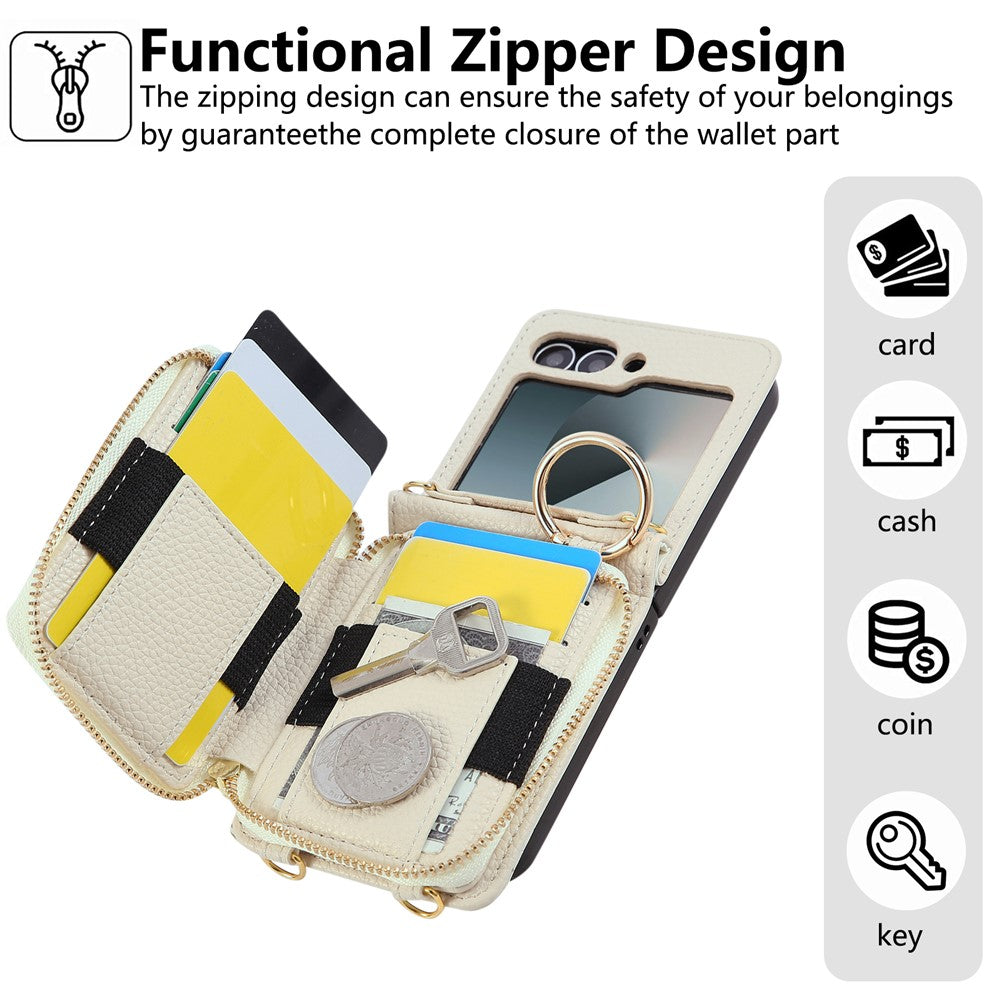 For Samsung Galaxy Z Flip6 5G Case Zipper Card Holder PU Leather Phone Back Cover with Shoulder Strap